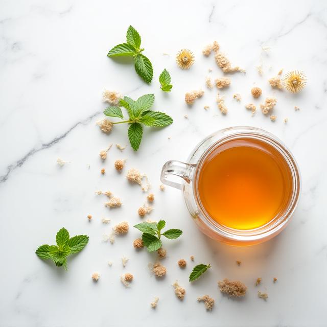 Hand-blended artisanal detox tea with ingredients like peppermint and dandelion root.