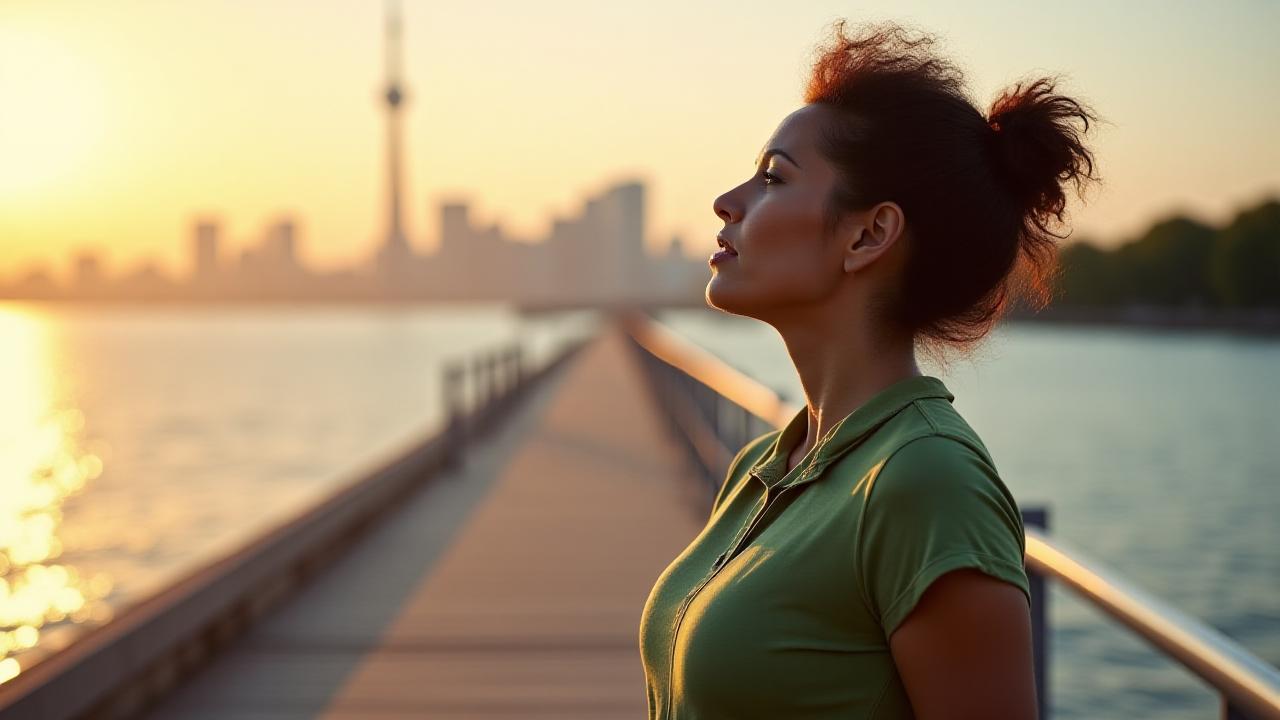 Healthy individual embracing a sunrise over Lake Ontario, Toronto, representing vitality and sustainable health.